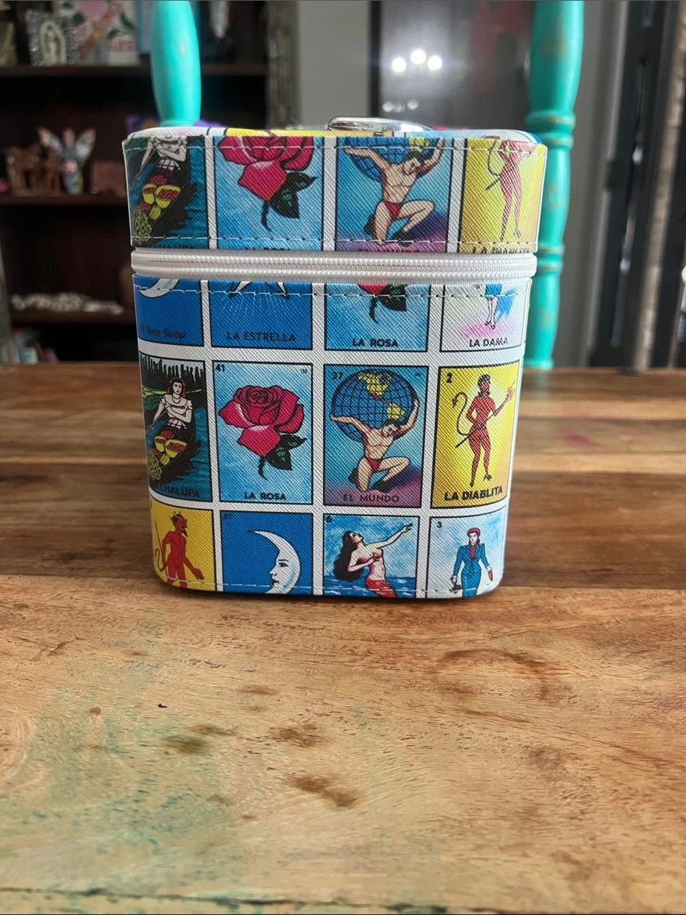 Makeup Organizer Case with Lotería Print in Blue